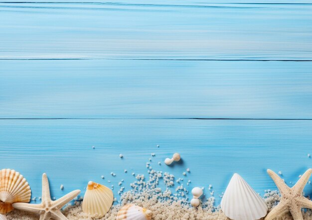 A collection of shells and shells on a blue background