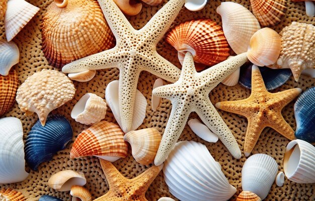 A collection of shells and starfish on a table