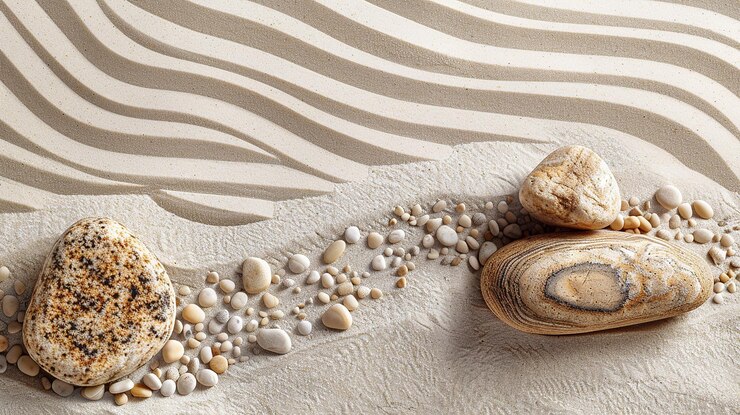 a collection of shells on a table with pebbles and pebbles