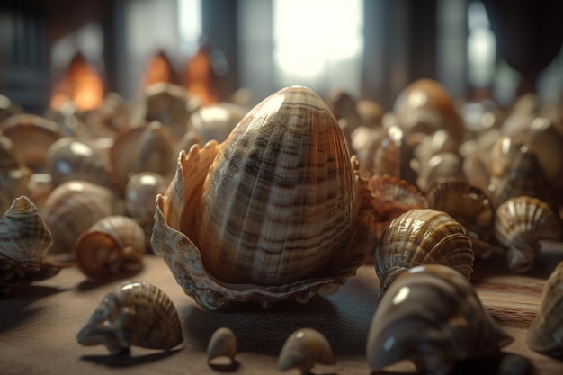 A collection of shells on a table with the word sea on it