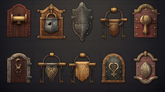 A collection of shields with a lock and a lock.