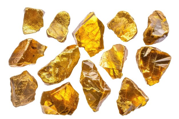 Collection of shiny gold nuggets on white background