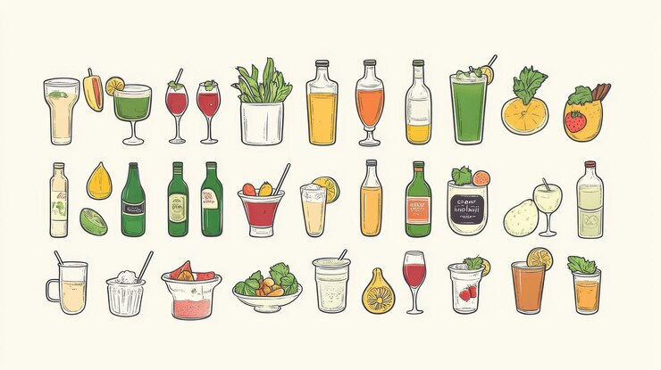 Photo ミニマリストのデザインで手描きの清潔な食品と飲料のイラストを展示するコレクション