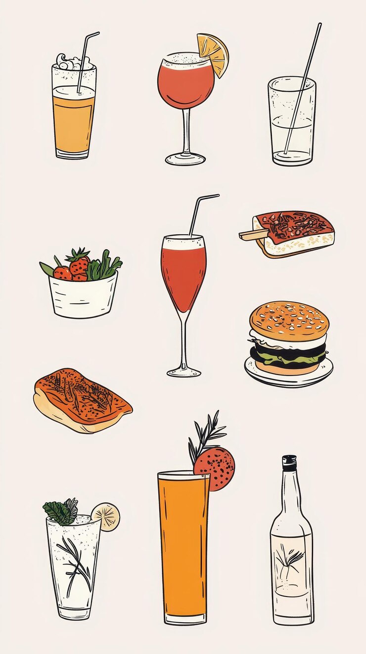Photo コレクションはスリムなミニマリストスタイルで様々な手描きの食料品と飲料品を展示しています