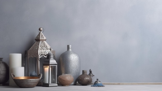 A collection of silver and blue lanterns and other objects are on a table.