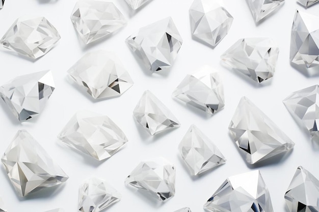 a collection of silver and white diamonds with a white background.