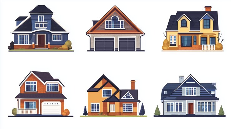 Photo a collection of six colorful house illustrations showcasing different styles and architectures in a charming suburban setting