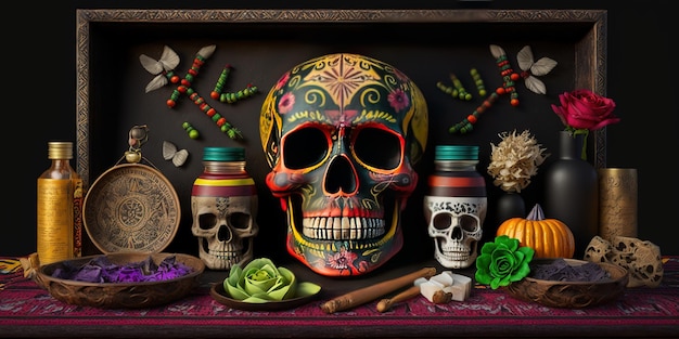 A collection of skulls and other items including a mexican skull.