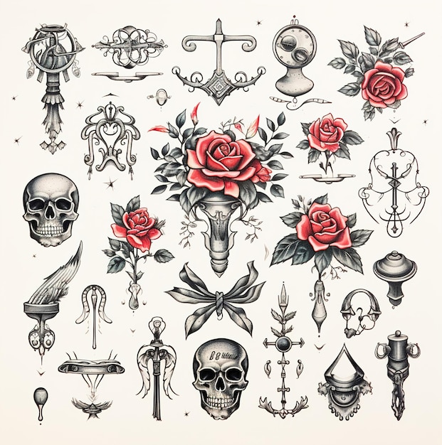 a collection of skulls and skulls including a skull and crossbones.