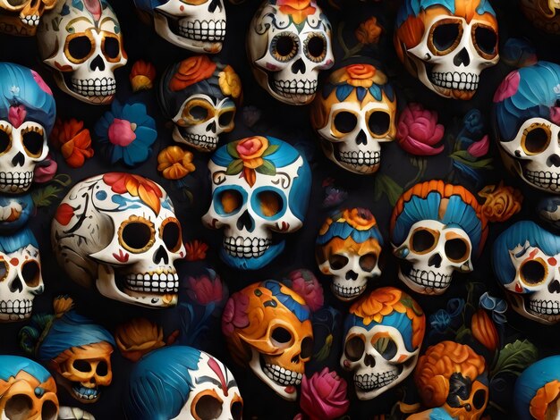 collection of skulls with a flower on them