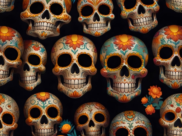 collection of skulls with flowers