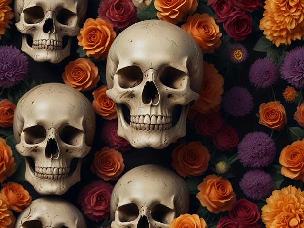 a collection of skulls with a skull and flowers in the background