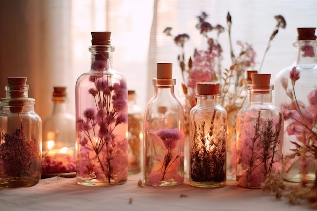 A collection of small bottles with flowers in them.