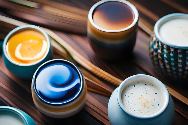 a collection of small bowls with different colored beads on a table.