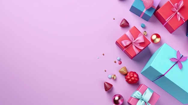 A collection of small gifts arranged in a decorative way Web banner with copy space Generative AI