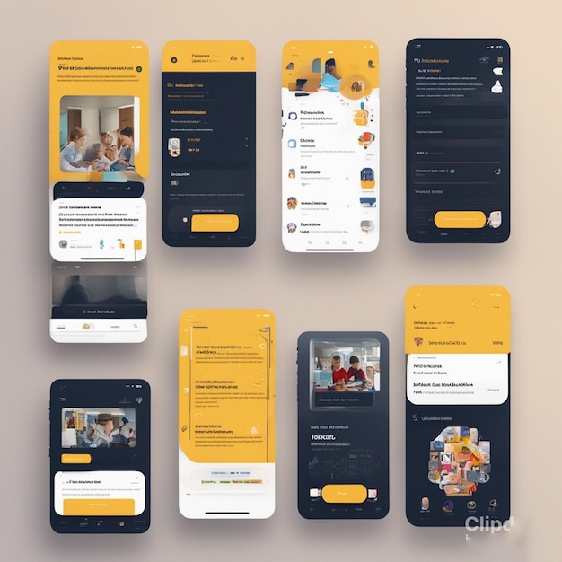 A collection of smart phones with a yellow and black background apps