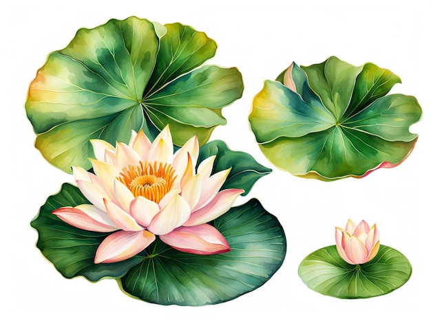 collection of soft watercolor lily pads and lotus flowers isolated on a transparent background