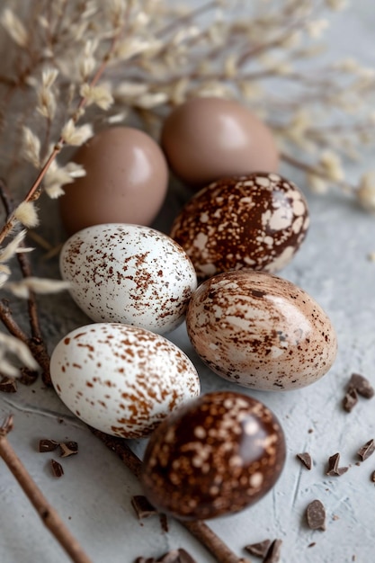 A collection of speckled chocolate Easter eggs rests casually beside soft willow branches a cozy rustic spring setting ideal for seasonal home decor and culinary presentations