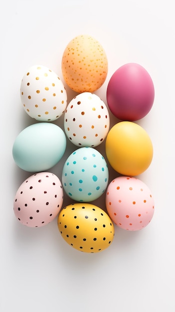 Collection of speckled eggs in neutral tones on white background Easter greeting card background phone wallpaper stories backdrop