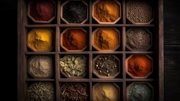 A collection of spices in a box