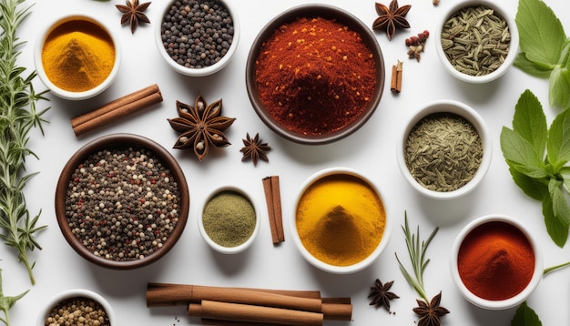 A collection of spices and herbs in bowls