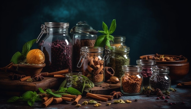 A collection of spices and herbs on a table