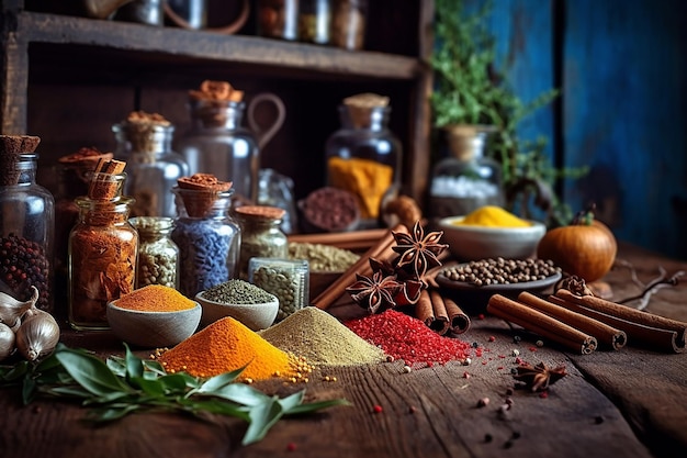 A collection of spices and herbs on a table