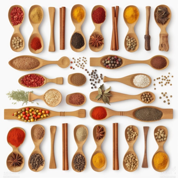 A collection of spices and herbs on a white background