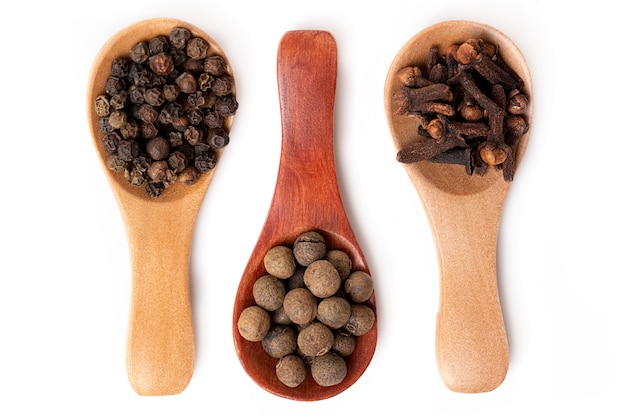 Collection of spices: sweet peas, black pepper, guzica in wooden spoons isolated on a white background. Top view.
