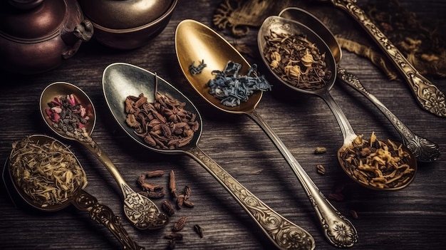 A collection of spoons with different spices on them