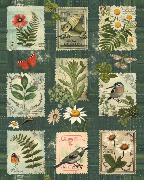 a collection of stamps including a bird and flowers
