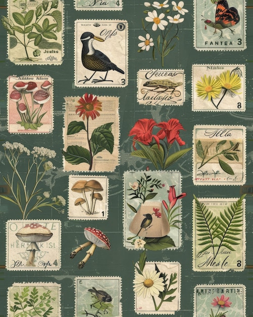 庭の切手の1つを含む切手のコレクション