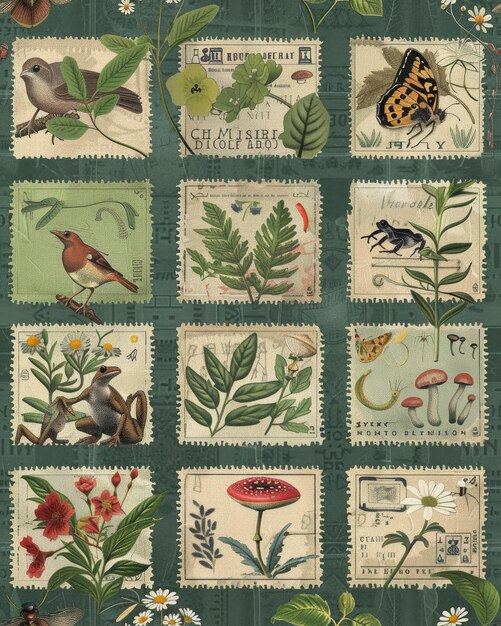 a collection of stamps with a bird and a bird on it