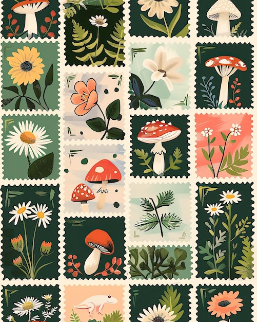 Photo a collection of stamps with a mushroom and flowers