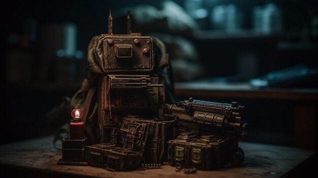 A collection of star wars toys sit on a table in a dark room.