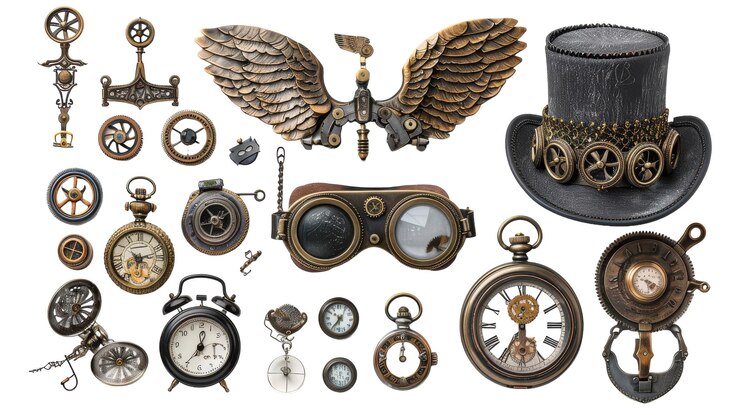 Photo a collection of steampunk accessories on white background