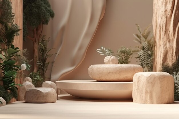 Collection of stone sculptures arranged on a white floor created with Generative AI technology