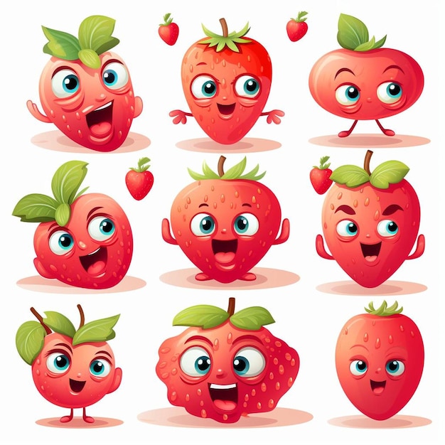 A collection of strawberry faces with different expressions of strawberries.