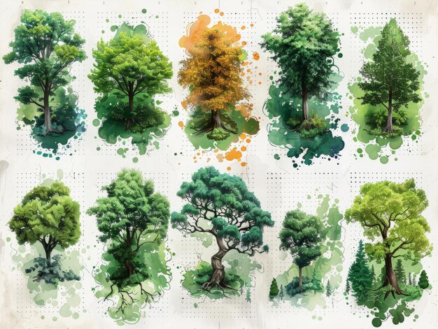 Photo collection of stylized tree illustrations on white background generative ai