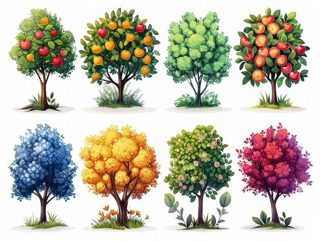 Collection of Stylized Tree Illustrations on White Background Generative AI