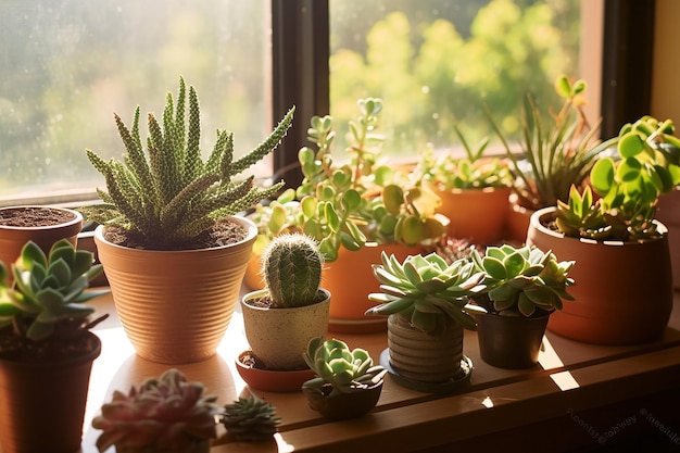 a collection of succulent plants arranged on a window AI generated