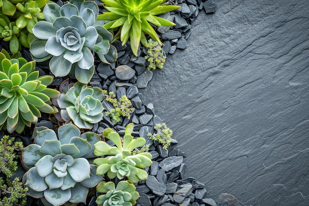 A collection of succulents and cacti are arranged in a rock garden