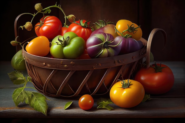 A collection of summer squash eggplants and cucumbers in a colorful wire basket ready to be grilled