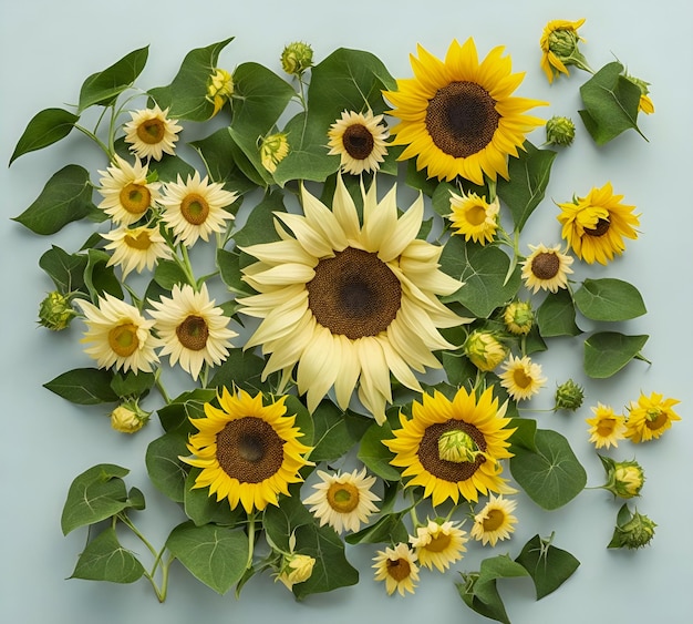 A collection of sunflowers and leaves are arranged on a white background created with Generative AI