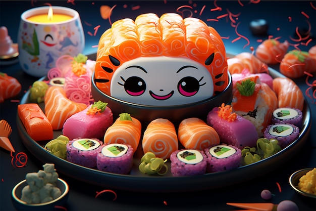 A collection of sushi and sushi with a cartoon cha