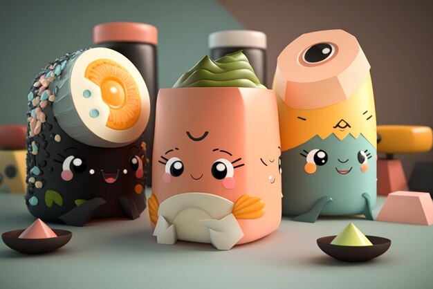 A collection of sushi and sushi with a cartoon character