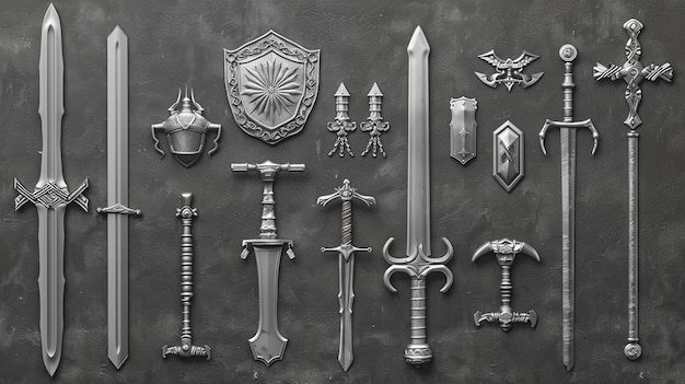 a collection of swords and swords are displayed on a wall