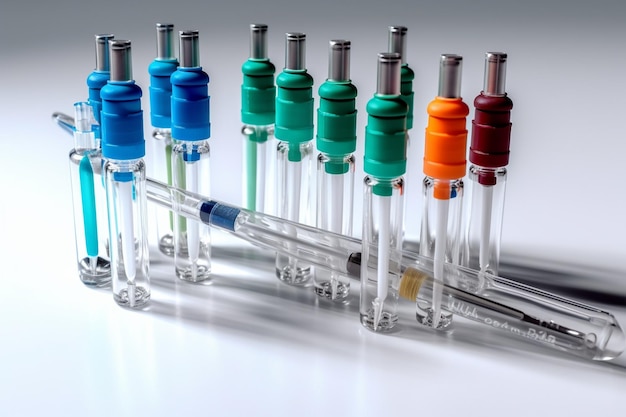 A collection of syringes with different colors and one that says'hypodermic '