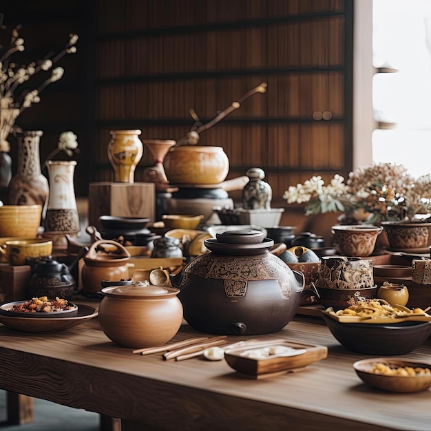 a collection of tableware bowls and jars with food