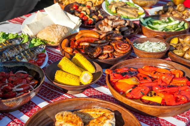 Collection of tasty dishes on table